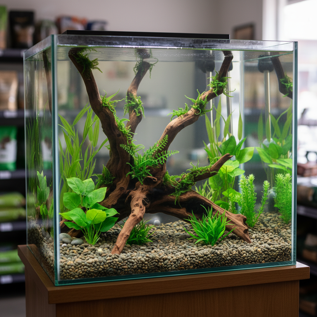 Natural driftwood, river stone gravel and lush green plants inside a freshwater aquarium