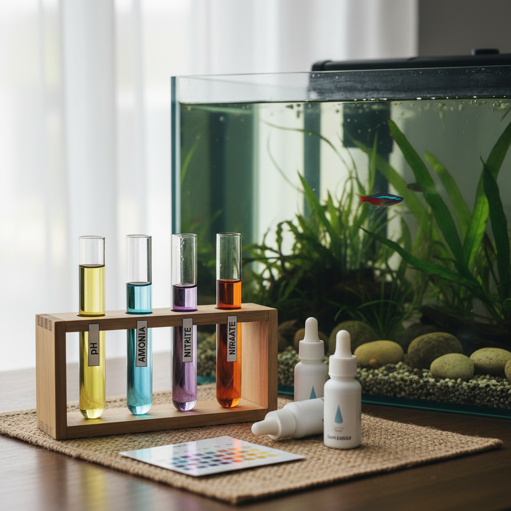 Aquarium water test kit with colorful test tubes for pH, ammonia, nitrite, and nitrate beside a freshwater fish tank