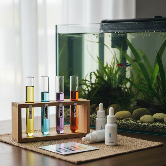 Aquarium water test kit with colorful test tubes for pH, ammonia, nitrite, and nitrate beside a freshwater fish tank