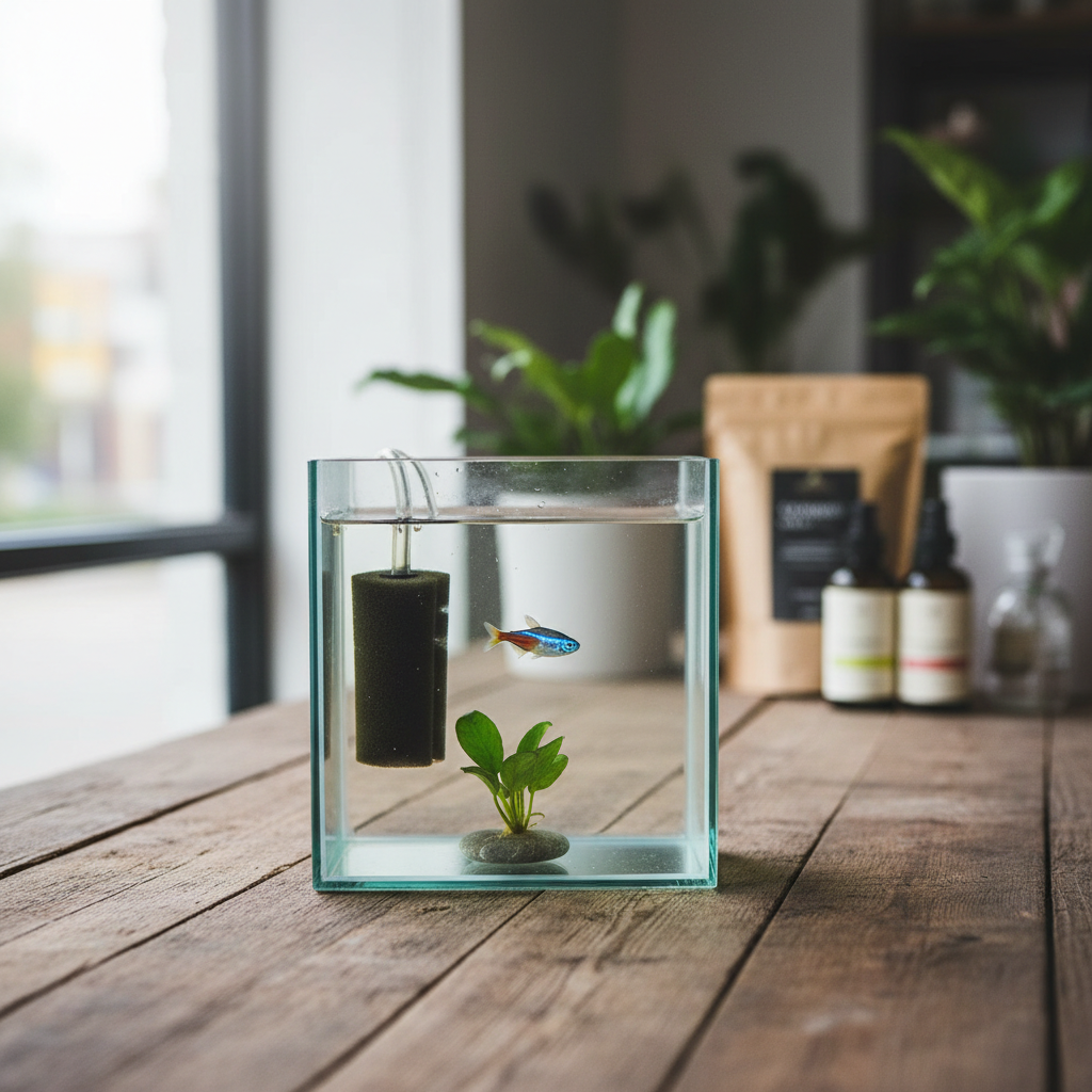 Small 5-gallon aquarium quarantine tank on a wooden surface with clear water, a single tropical fish, and a sponge filter