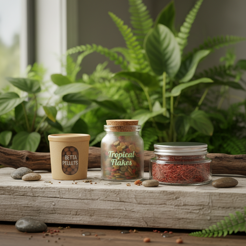 Fish food containers including tropical flakes, betta pellets and freeze-dried bloodworms on a wooden surface with plants in background