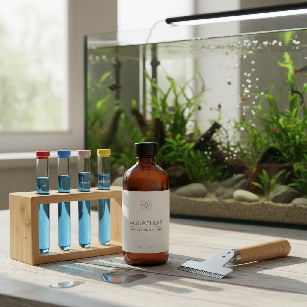Aquarium water conditioner bottle, water test kit tubes, and algae scraper on a wooden surface with a fish tank in the background