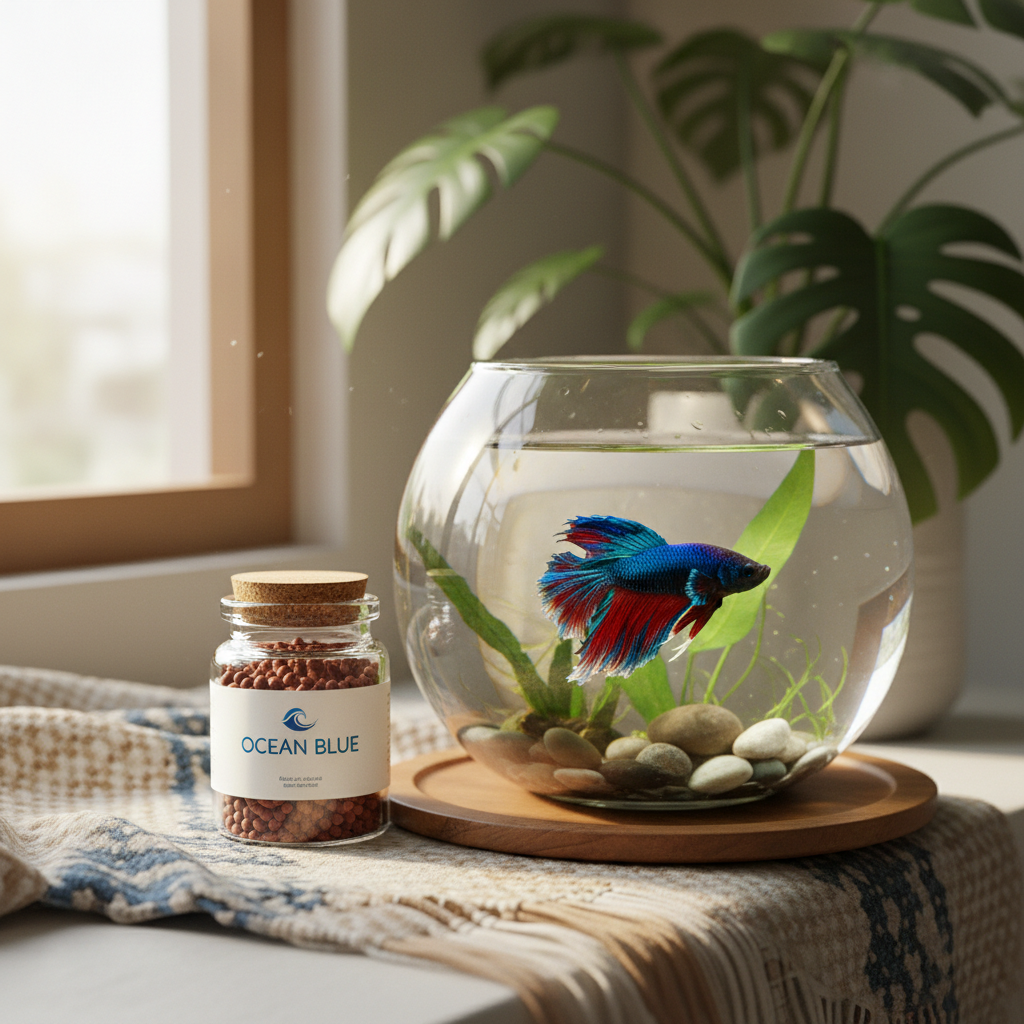 Betta fish pellet food jar beside a glass betta fish bowl with a vibrant blue and red betta fish