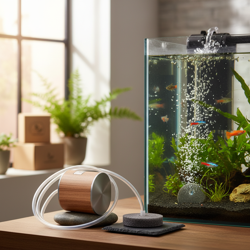 Aquarium air pump and airstone kit with fine bubbles rising through clear water among green plants and colorful fish