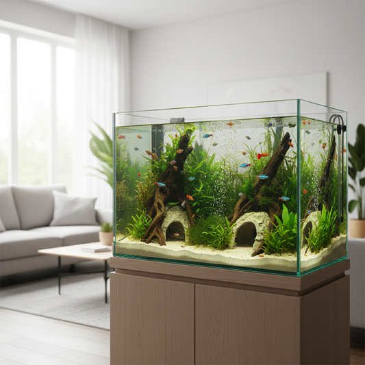 Large 20-gallon glass fish tank with lush green aquatic plants, colorful tropical fish, and natural driftwood on a wooden stand in a bright modern home