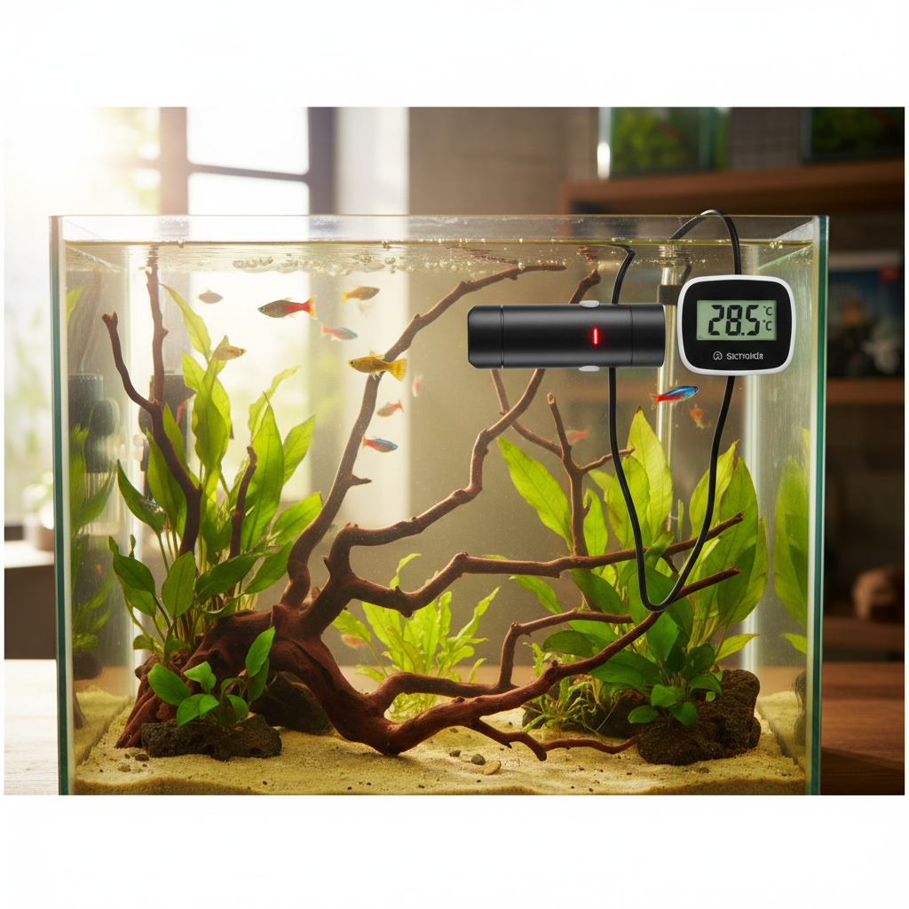 Submersible aquarium heater with thermometer inside a tropical fish tank with green plants and colorful fish
