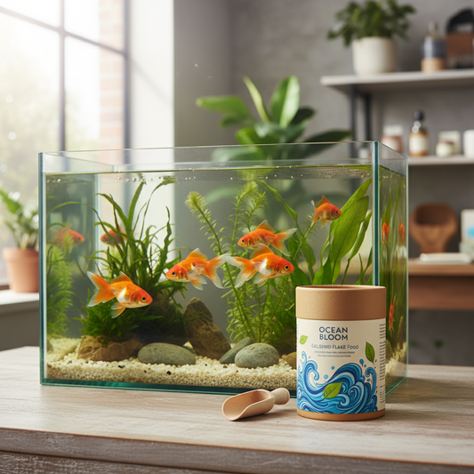 Goldfish flake food container beside a fish tank with bright orange and white goldfish among green aquatic plants