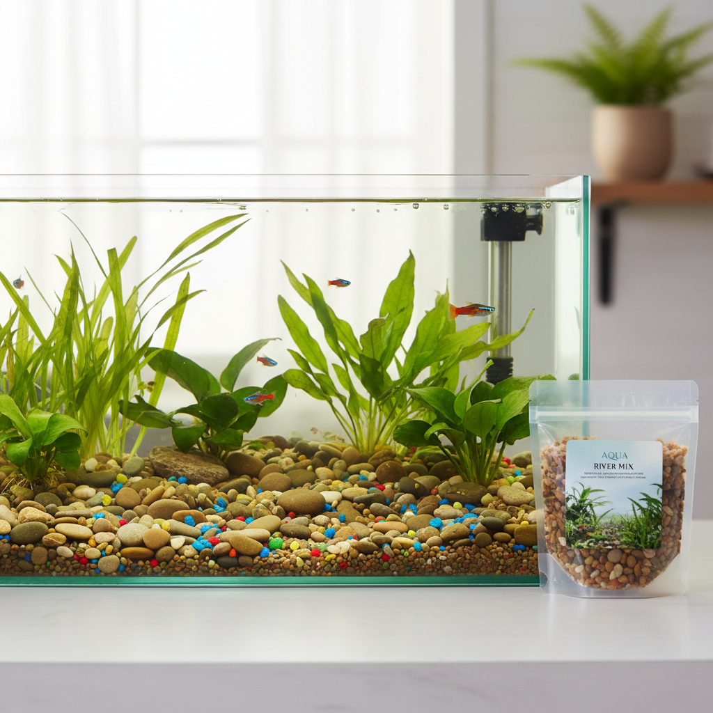Natural river stone gravel and colorful pebbles on the bottom of a freshwater fish tank with green plants and tropical fish