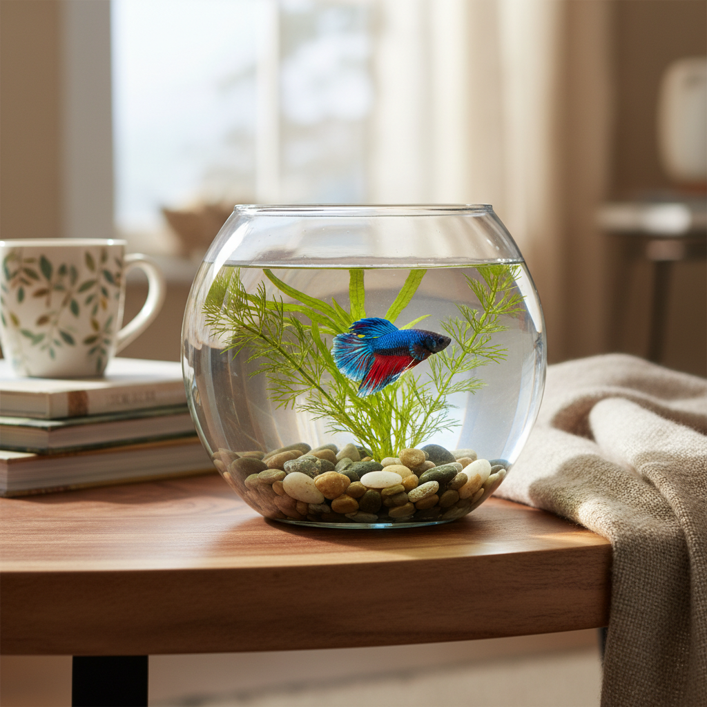 Round glass betta fish bowl with a vibrant blue and red betta fish, smooth pebbles and a green aquatic plant
