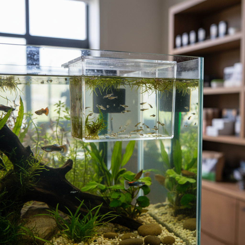 Clear plastic hang-on aquarium breeding box attached to a fish tank with baby fish fry inside, surrounded by green aquatic plants