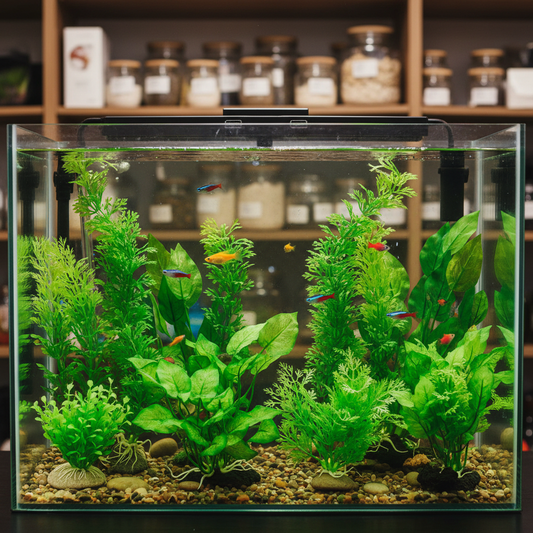 Set of 6 vibrant green artificial aquarium plants inside a freshwater fish tank with colorful tropical fish