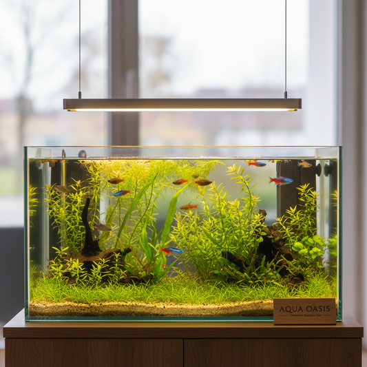 LED aquarium light mounted over a lush planted freshwater fish tank illuminating vibrant green plants and colorful tropical fish